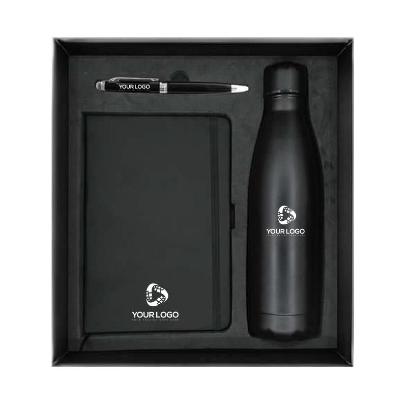 Blak Color PU Notebook, Black Metal Pen with Stylus & Black Insulated Bottle